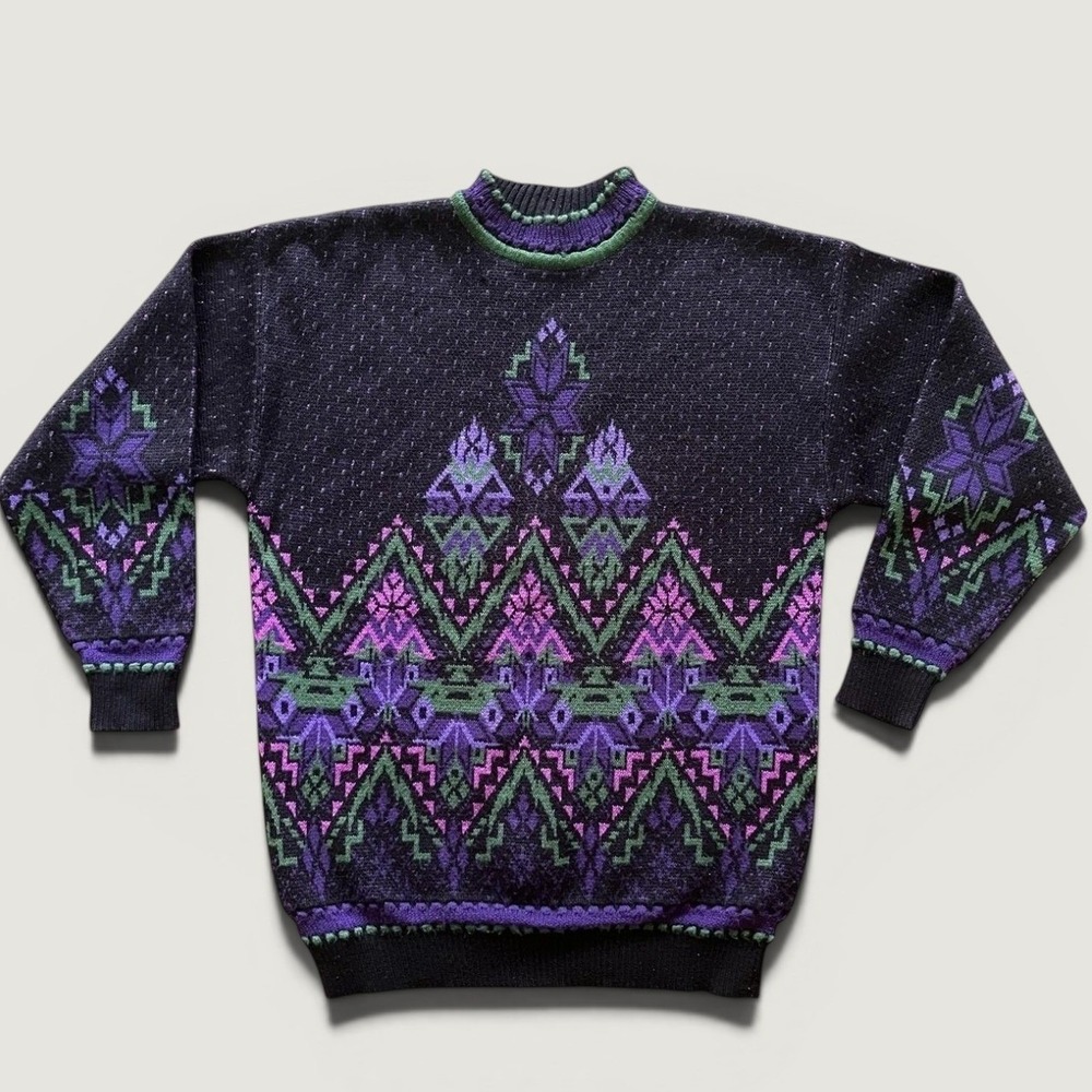 Vintage Meister Sweater Womens Medium Black Ski Fair Isle Knit Hong Kong 80s